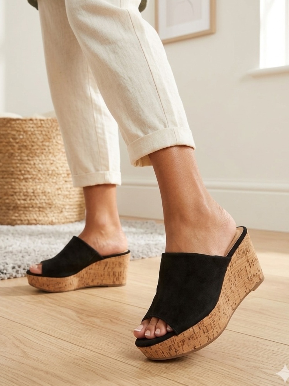 Black Suede Cork Wedge Slide Sandals - Women